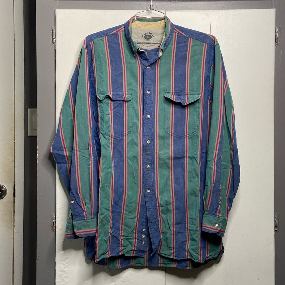 saratoga robert peritz men long sleeve button down shirt large 80s-90s Stripes